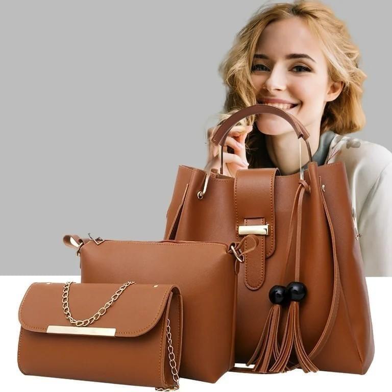 Stylish Women's Brown Leather Hand Bag Set - 3 Pcs