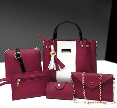 Women's PU Leather Hand Bag Set - 5 Pcs in Maroon with Plain Pattern