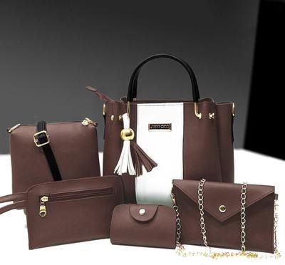 Women's PU Leather Hand Bag Set - 5 Pcs in Maroon with Plain Pattern