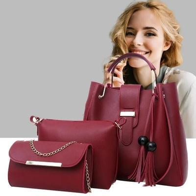 Stylish Women's Brown Leather Hand Bag Set - 3 Pcs