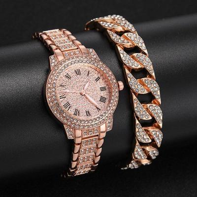 Women's Diamond Artificial Set - Roman Watch - Rose Gold