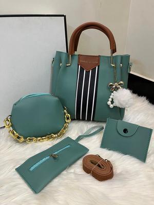 Elegant Green Faux Leather Handbag Set for Women - 4 Piece Collection